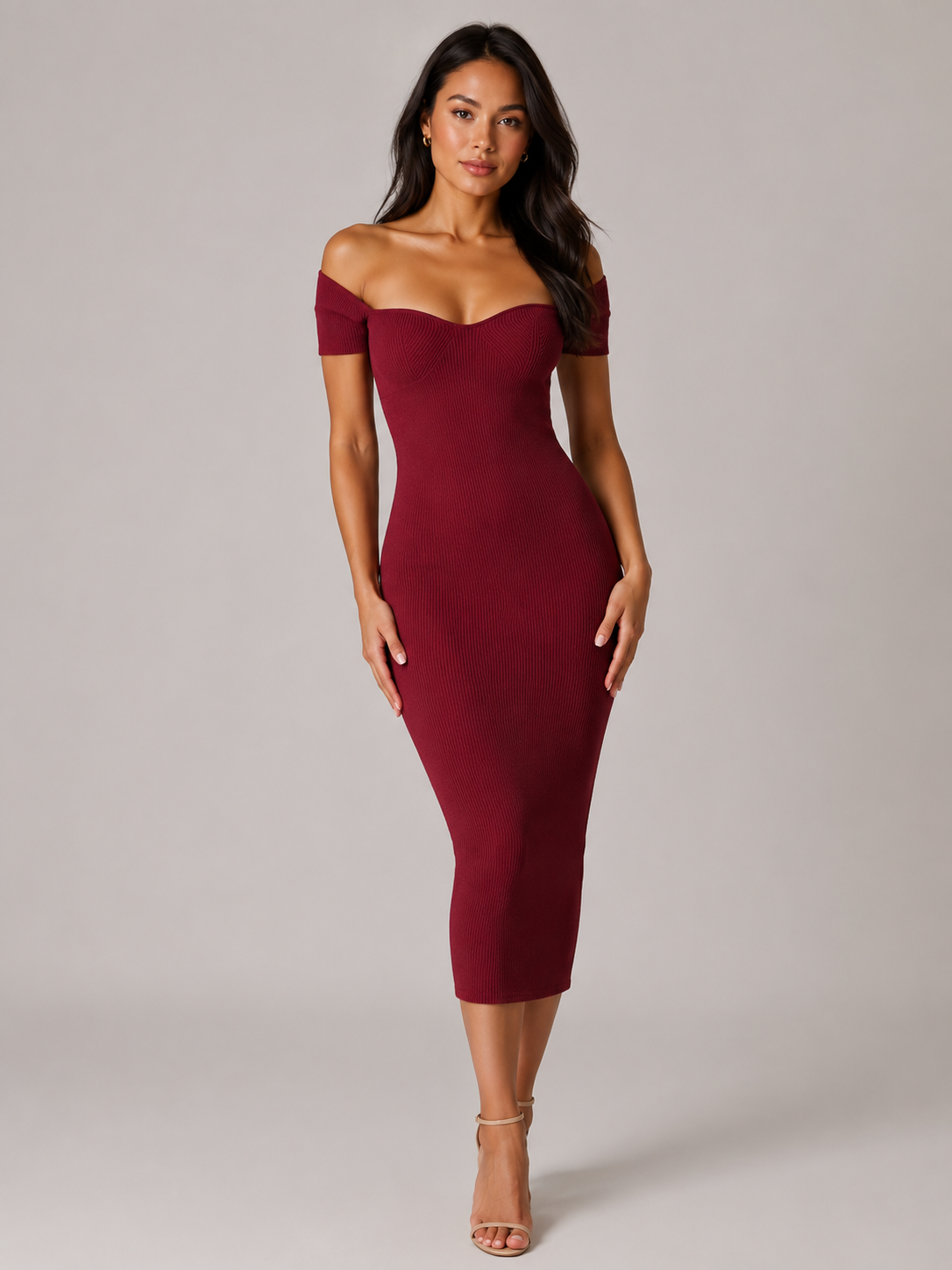 Prążkowana Sukienka Maxi Damska | Dopasowany Krój | Spódnica A-Line | Elegancka Długa Sukienka