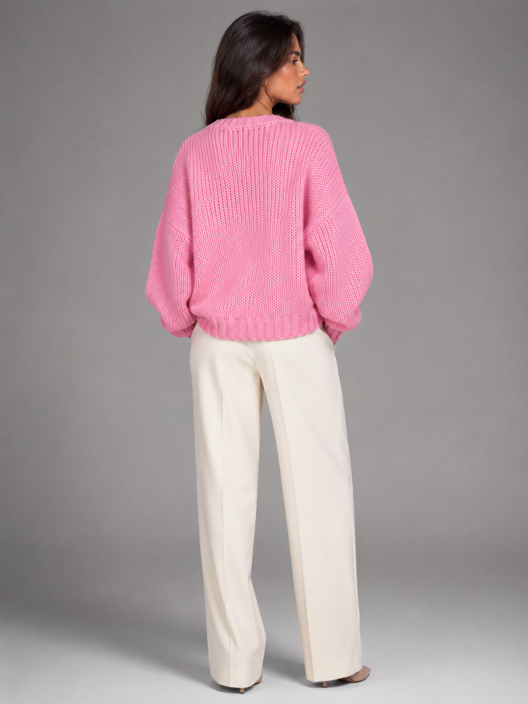 Różowy Sweter Damski Oversize | Gruby Sweter Damski | Okrągły Dekolt | Ciepły Sweter Jesienny