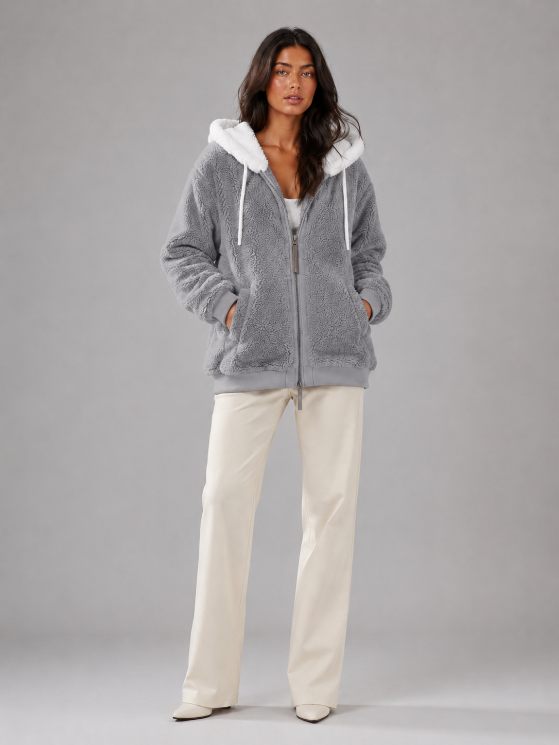 Bluza Sherpa Damska | Ocieplana Bluza z Kapturem | Polar Damski Oversize | Bluza na Zamek | Jesień Zima