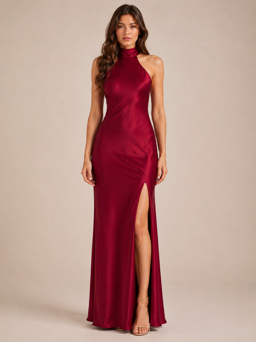 Sukienka Maxi Damska | Halter | Odkryte Plecy | Boczne Rozcięcie | Elegancka Sukienka na Wesele