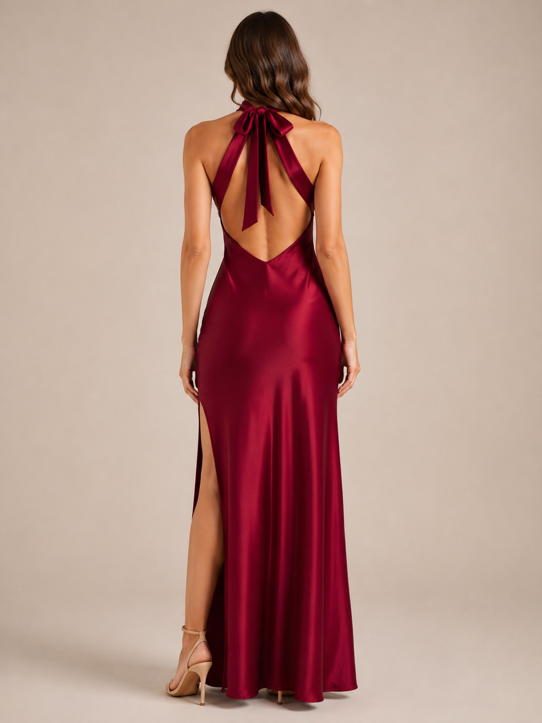 Sukienka Maxi Damska | Halter | Odkryte Plecy | Boczne Rozcięcie | Elegancka Sukienka na Wesele