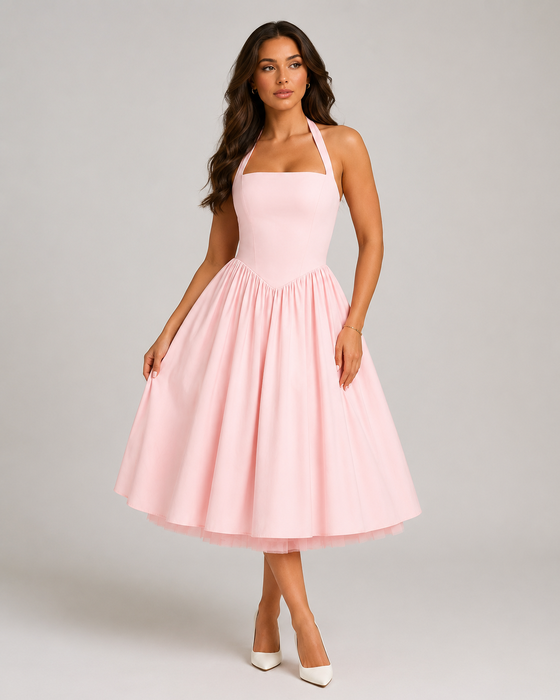 Sukienka Midi Damska | Halter | Rozkloszowana Spódnica | Elegancka Sukienka na Wesele