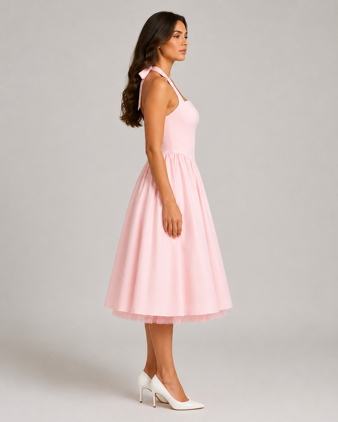 Sukienka Midi Damska | Halter | Rozkloszowana Spódnica | Elegancka Sukienka na Wesele