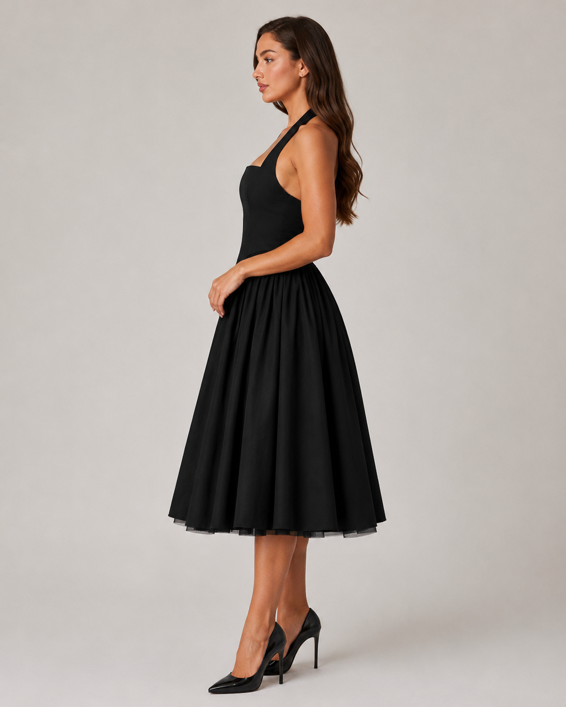 Sukienka Midi Damska | Halter | Rozkloszowana Spódnica | Elegancka Sukienka na Wesele
