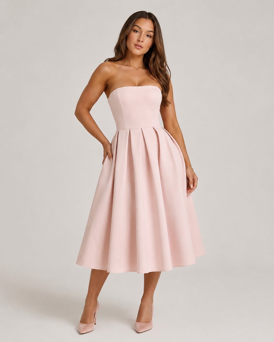 Sukienka Midi Damska | Bez Ramiączek | Rozkloszowana Spódnica | Elegancka Sukienka na Wesele