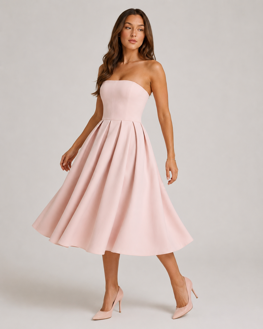 Sukienka Midi Damska | Bez Ramiączek | Rozkloszowana Spódnica | Elegancka Sukienka na Wesele