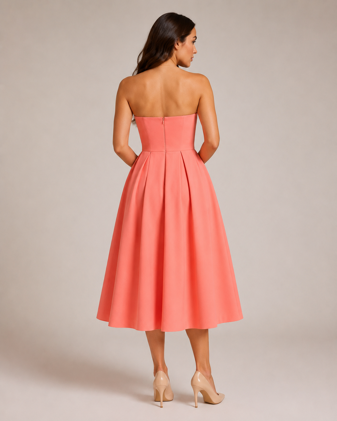 Sukienka Midi Damska | Bez Ramiączek | Rozkloszowana Spódnica | Elegancka Sukienka na Wesele