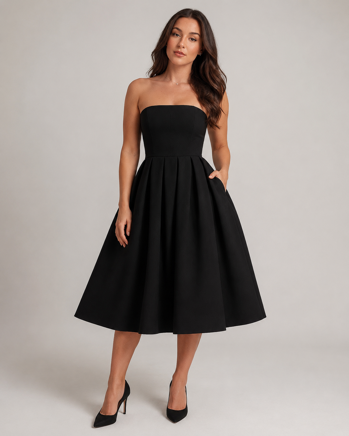 Sukienka Midi Damska | Bez Ramiączek | Rozkloszowana Spódnica | Elegancka Sukienka na Wesele