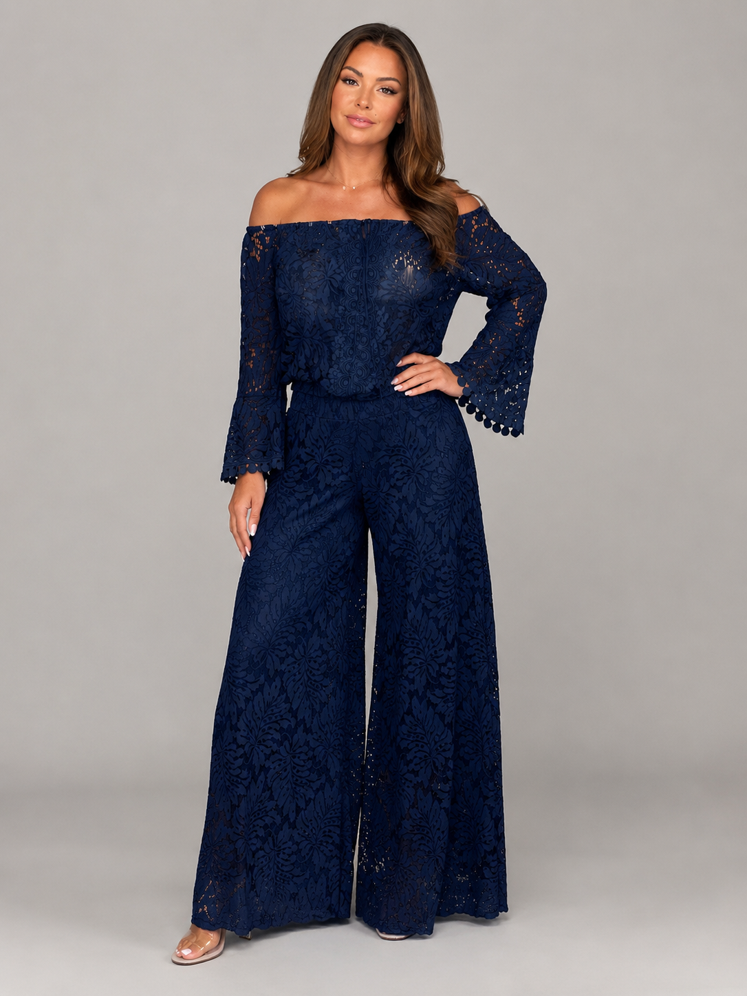 Kombinezon Damski Koronkowy | Off-Shoulder | Szerokie Nogawki Palazzo | Długie Rękawy | Elegancki Kombinezon