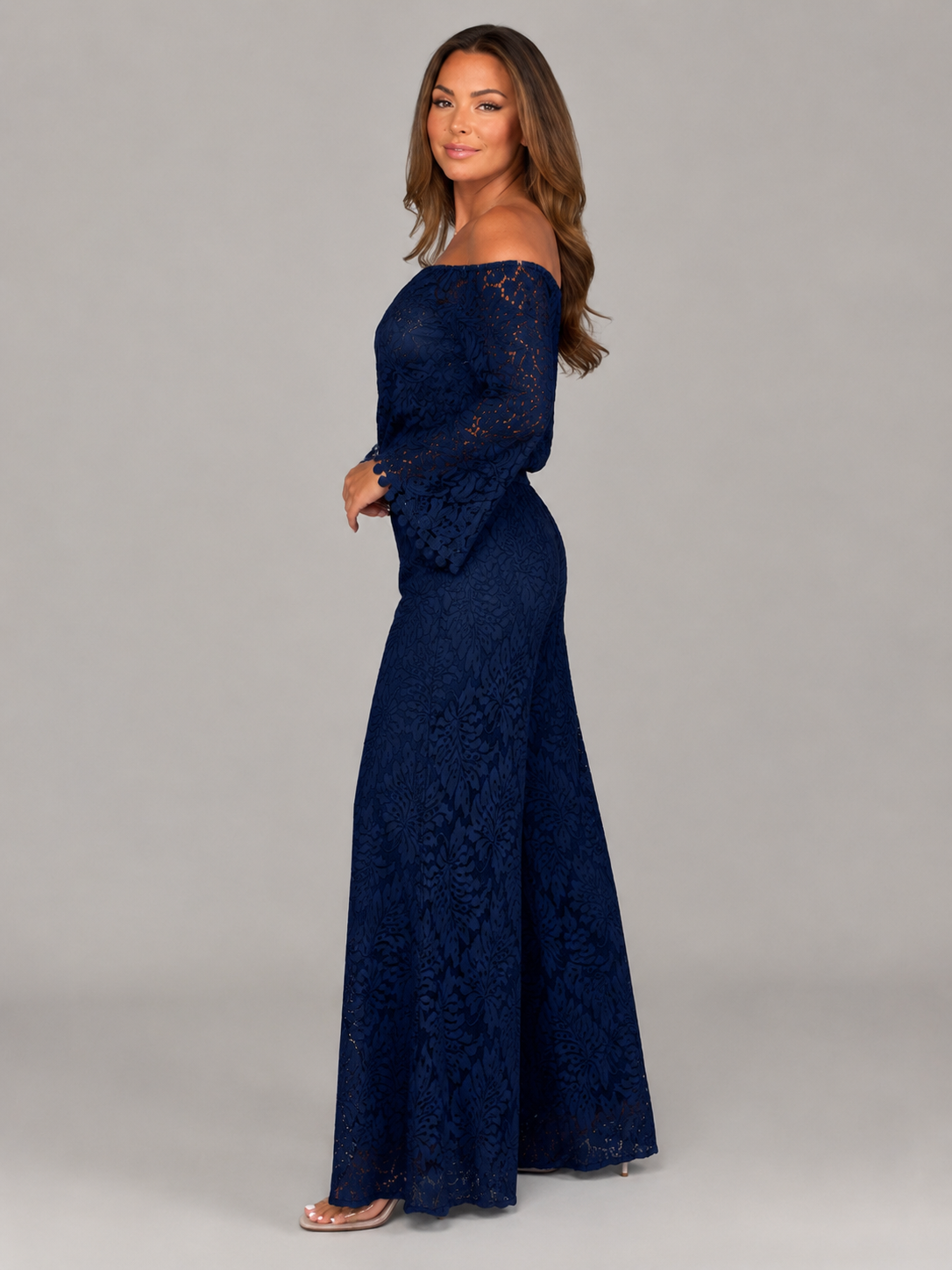Kombinezon Damski Koronkowy | Off-Shoulder | Szerokie Nogawki Palazzo | Długie Rękawy | Elegancki Kombinezon