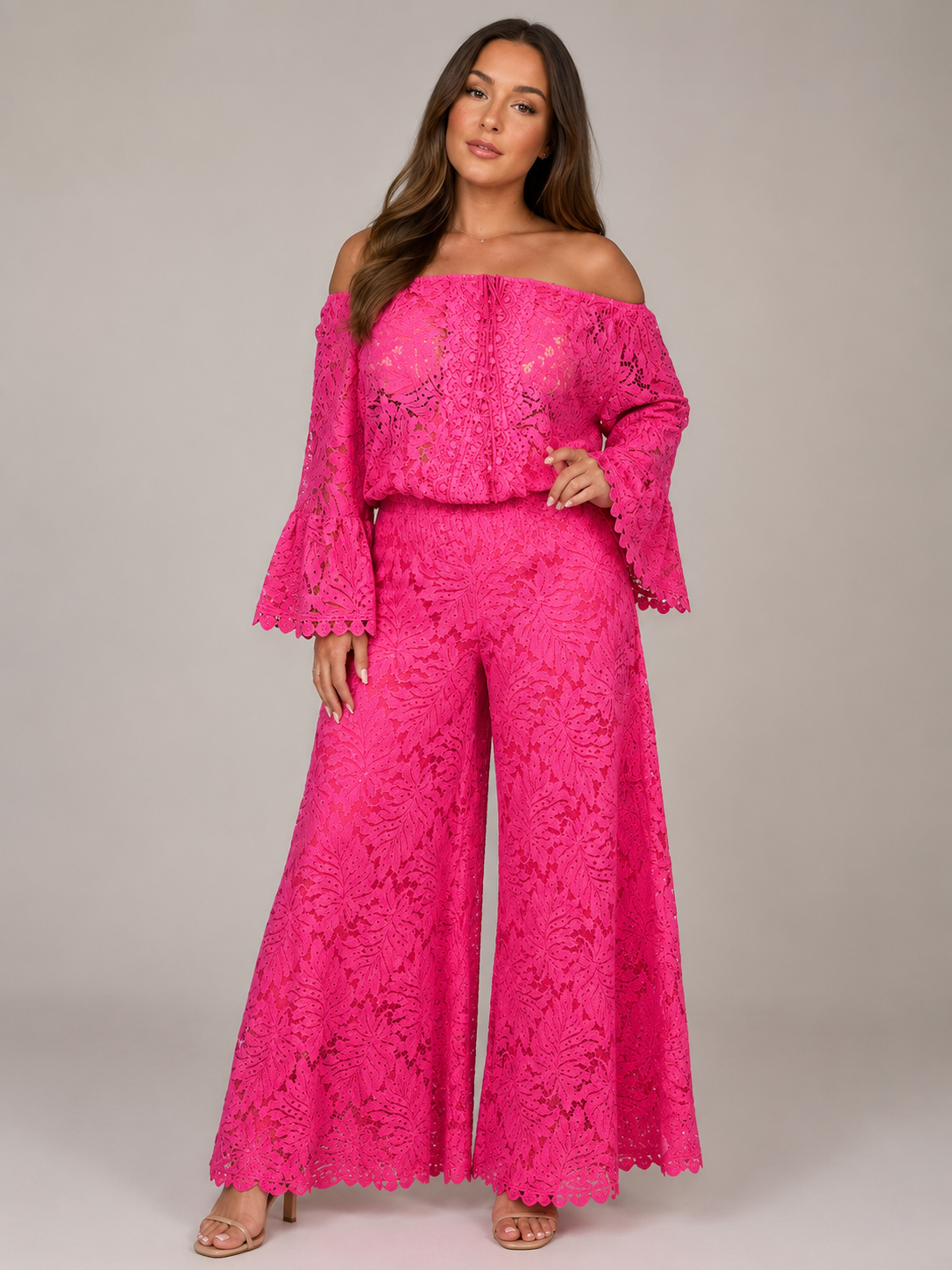Kombinezon Damski Koronkowy | Off-Shoulder | Szerokie Nogawki Palazzo | Długie Rękawy | Elegancki Kombinezon