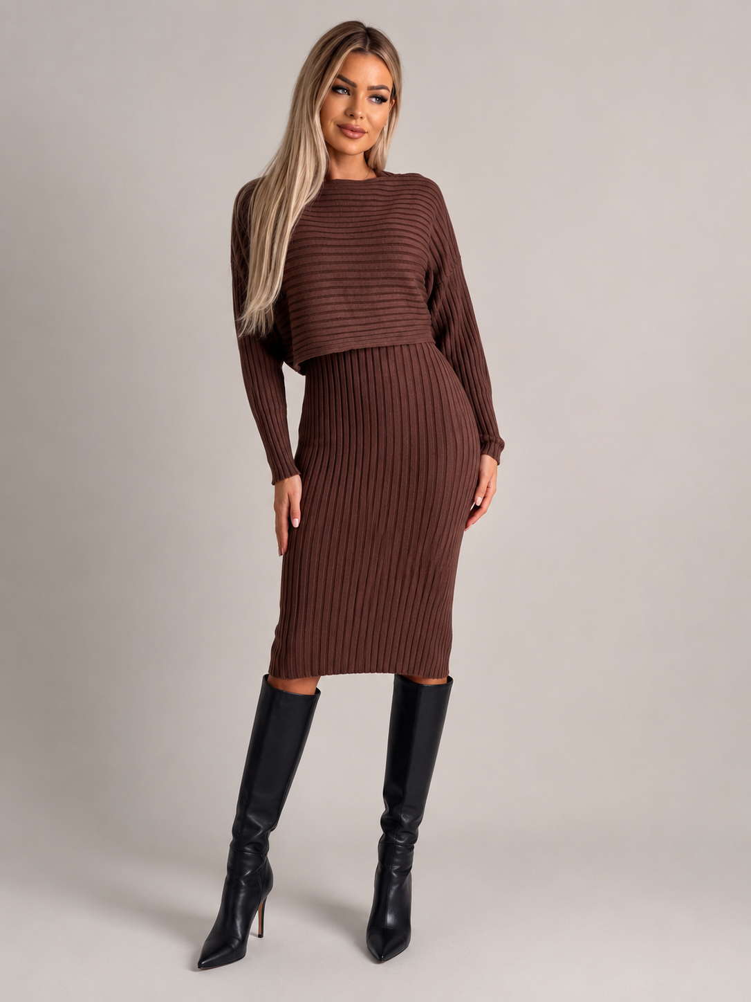 Komplet Damski ze Spódnicą Midi | Dwuczęściowy Komplet Damski | Prążkowany Zestaw | Elegancki Komplet Damski