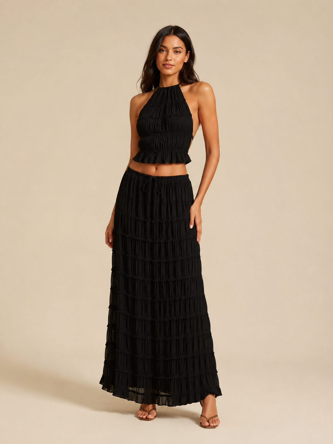 Komplet Damski ze Spódnicą Maxi | Top Halter | Plisowana Spódnica | Elegancki Komplet Dwuczęściowy