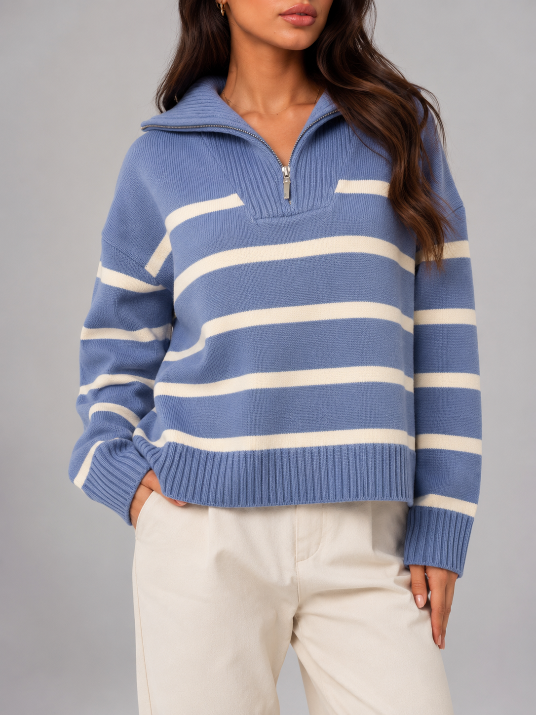 Pasiasty Sweter Damski | Sweter z Półzamkiem | Luźny Krój | Sweter Jesienny | Damski Sweter w Paski
