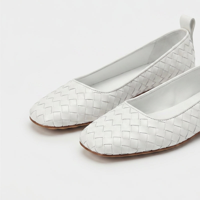 Białe Baleriny Damskie | Skórzane Baleriny | Plecione Buty Damskie | Kwadratowy Nosek | Eleganckie Baleriny