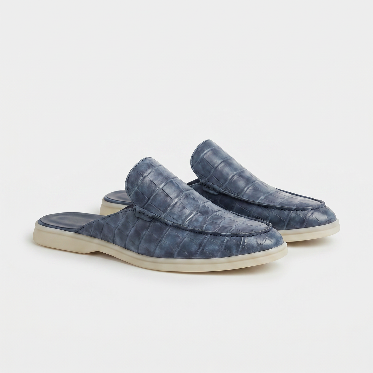 Szaroniebieskie Mokasyny Mule Croco | Skórzane Mokasyny | Wzór Krokodyla | Otwarta Pięta | Eleganckie Buty