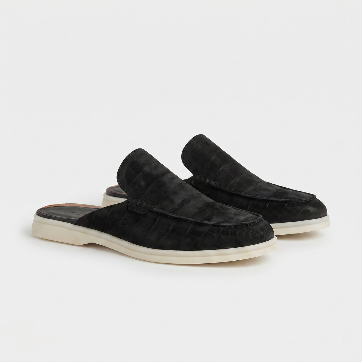 Czarne Mokasyny Mule Croco | Skórzane Mokasyny | Wzór Krokodyla | Otwarta Pięta | Eleganckie Buty