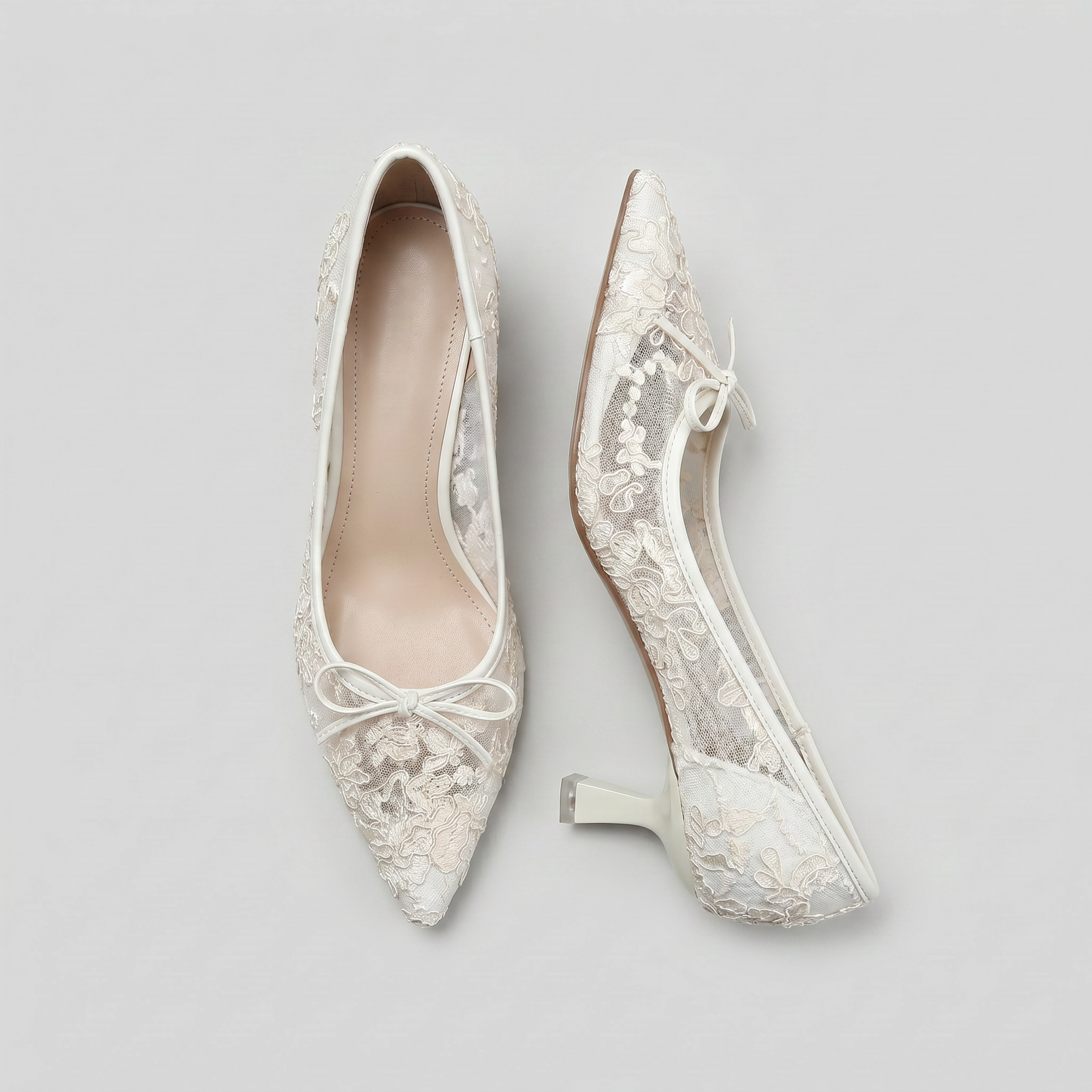 Białe Czółenka Damskie | Koronkowe Czółenka | Kitten Heel | Szpiczasty Nosek | Buty na Ślub