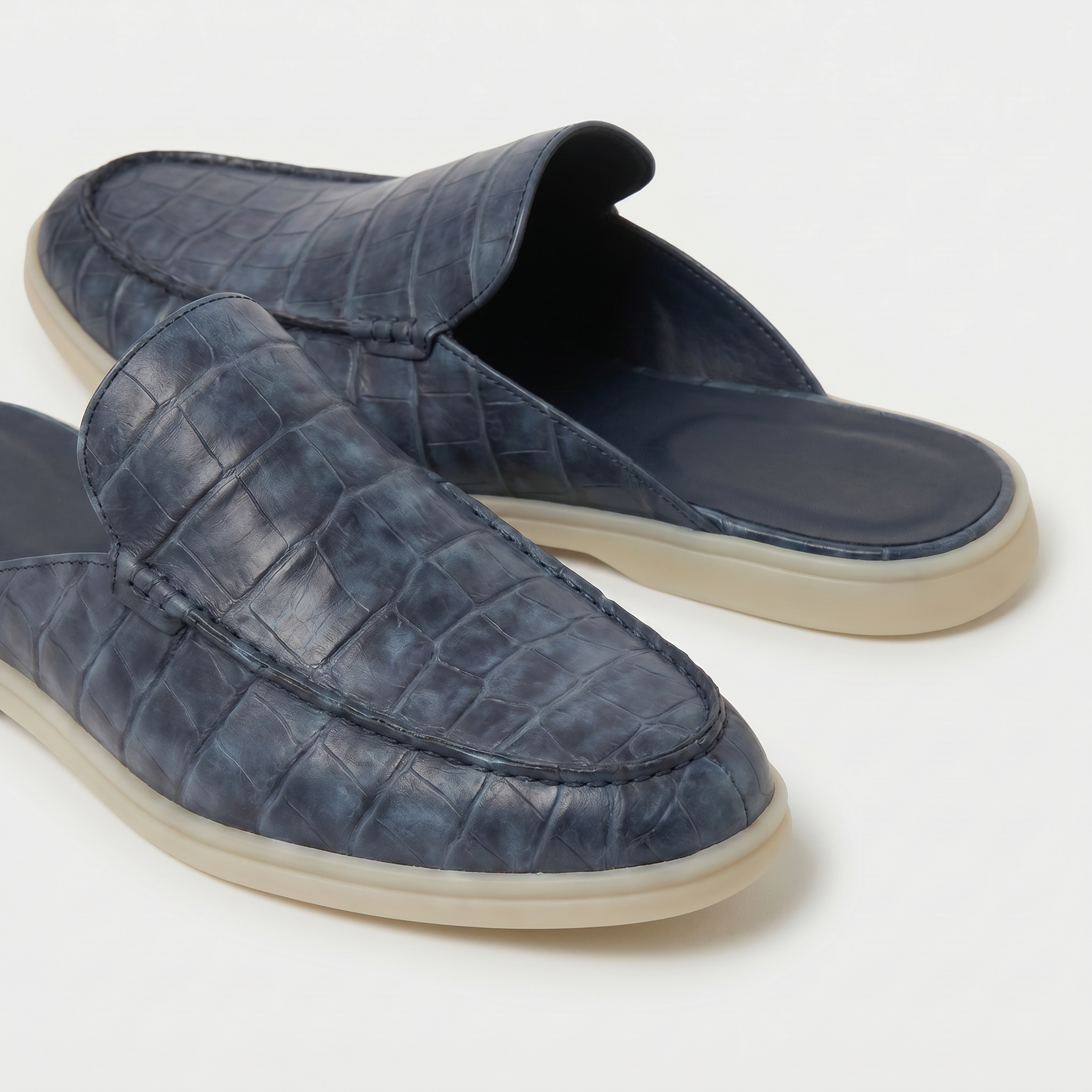 Szaroniebieskie Mokasyny Mule Croco | Skórzane Mokasyny | Wzór Krokodyla | Otwarta Pięta | Eleganckie Buty