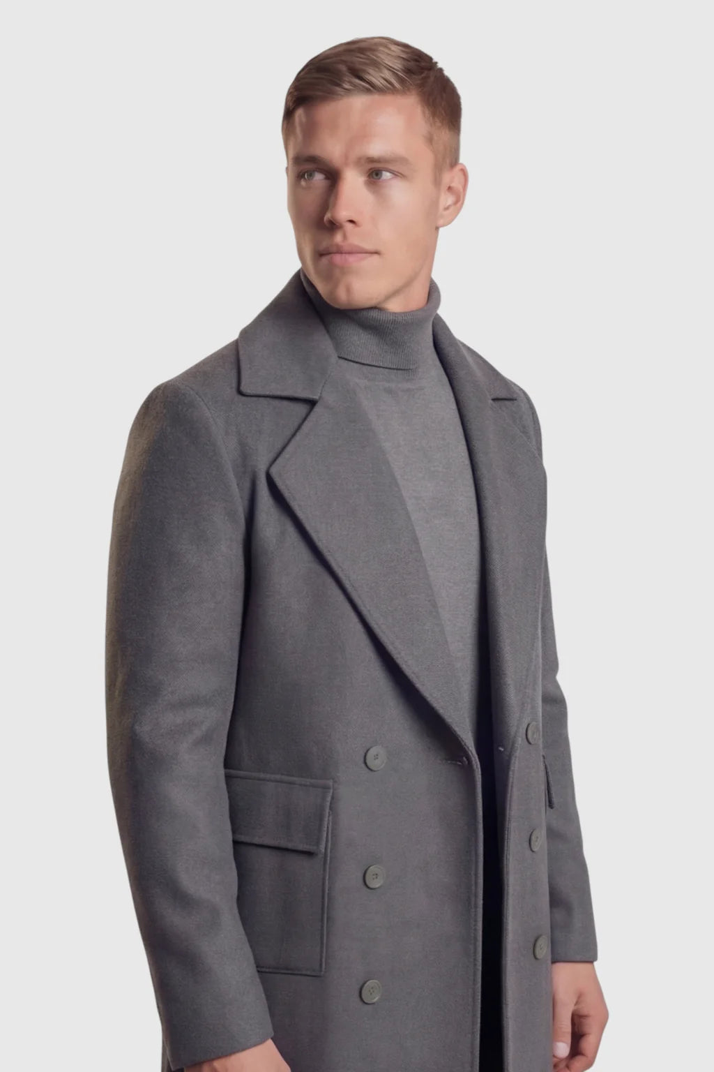 Płaszcz Wełniany Męski | Dwurzędowy Płaszcz Męski | Szary Płaszcz | Elegancki Płaszcz Męski