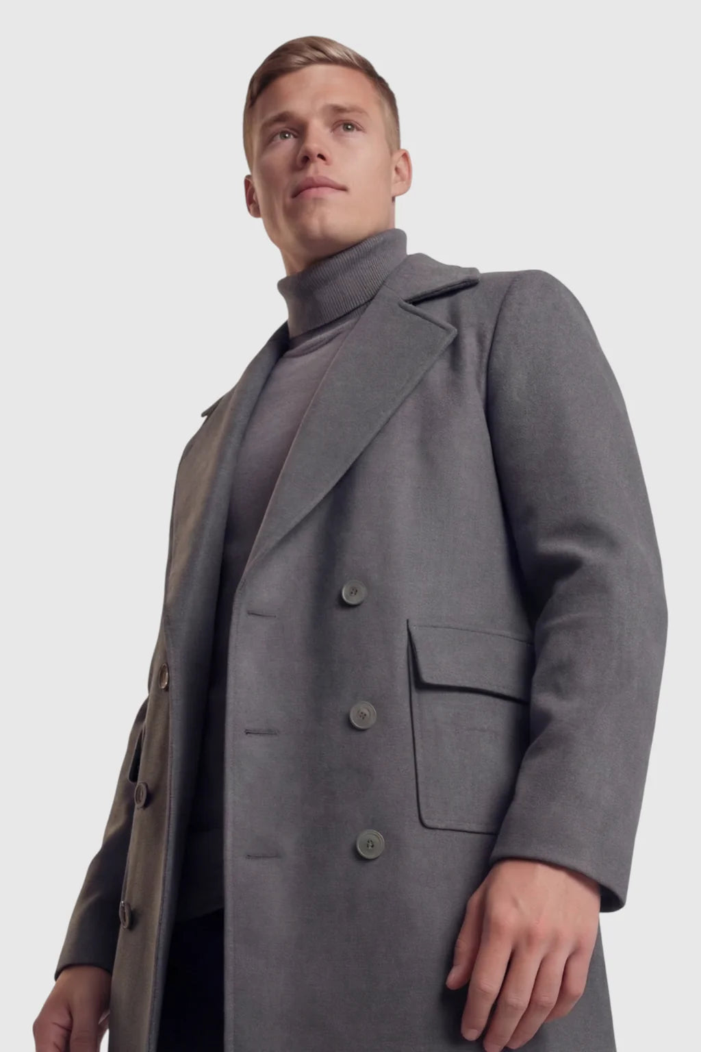Płaszcz Wełniany Męski | Dwurzędowy Płaszcz Męski | Szary Płaszcz | Elegancki Płaszcz Męski
