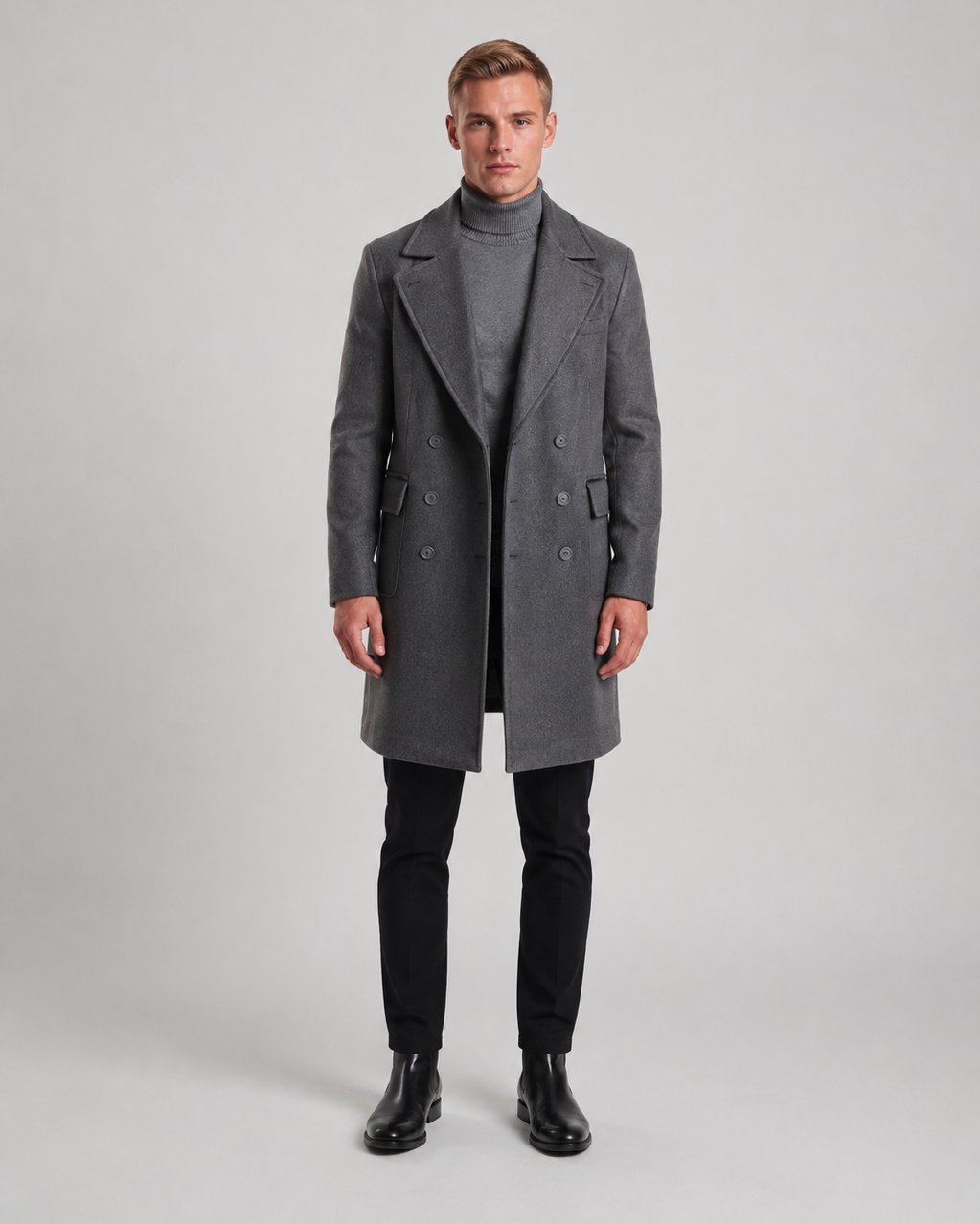 Płaszcz Wełniany Męski | Dwurzędowy Płaszcz Męski | Szary Płaszcz | Elegancki Płaszcz Męski
