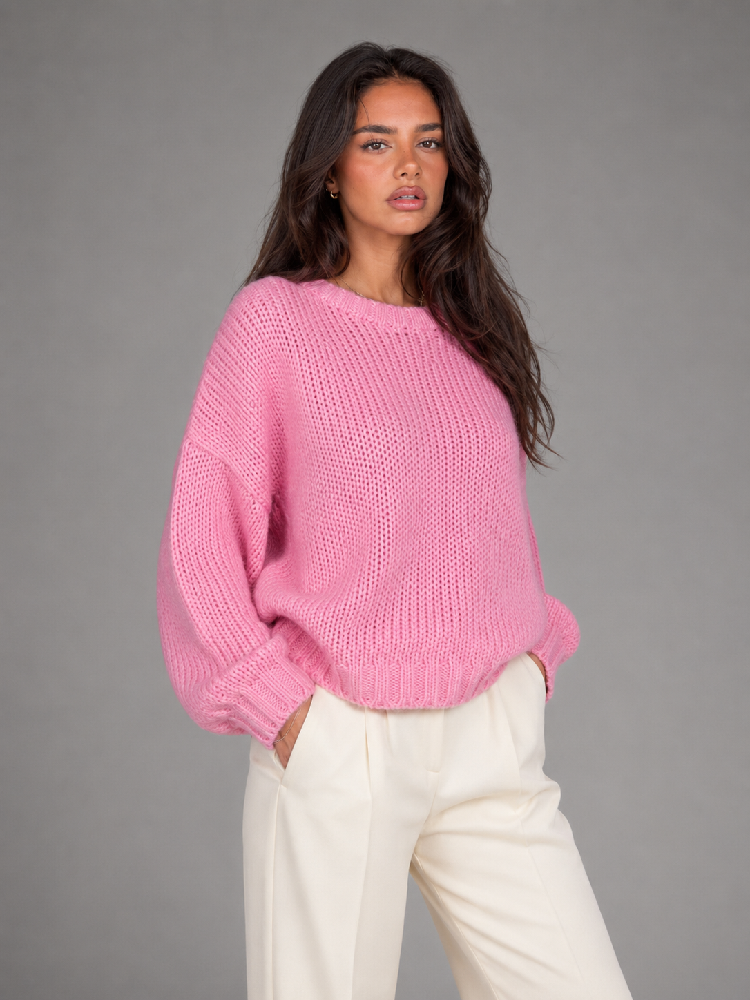 Różowy Sweter Damski Oversize | Gruby Sweter Damski | Okrągły Dekolt | Ciepły Sweter Jesienny