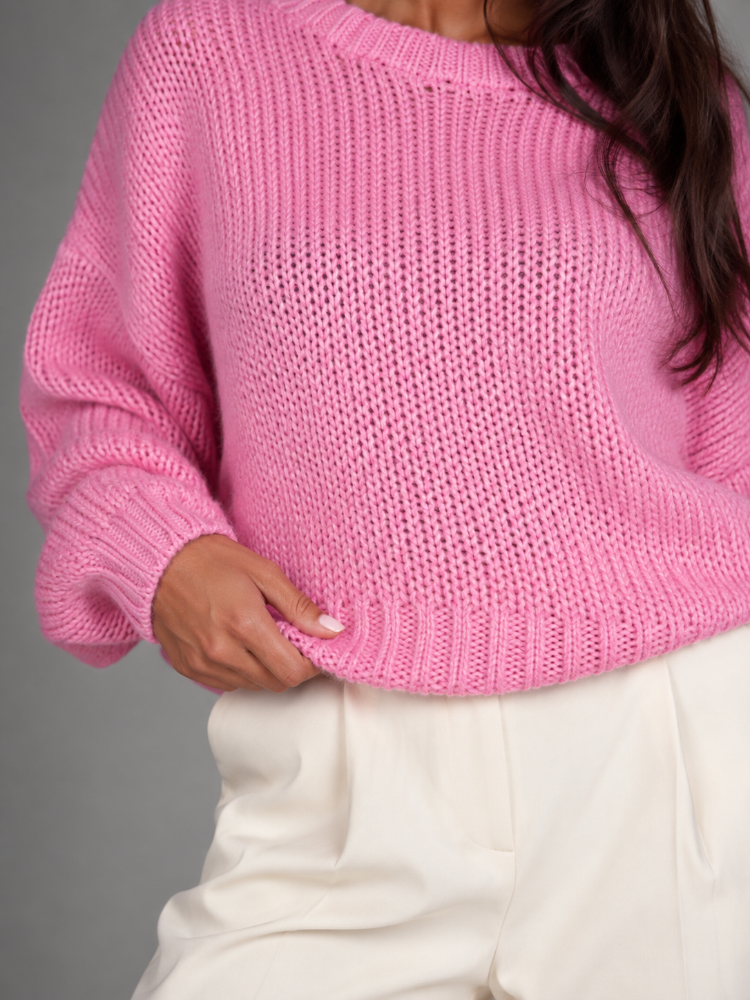 Różowy Sweter Damski Oversize | Gruby Sweter Damski | Okrągły Dekolt | Ciepły Sweter Jesienny