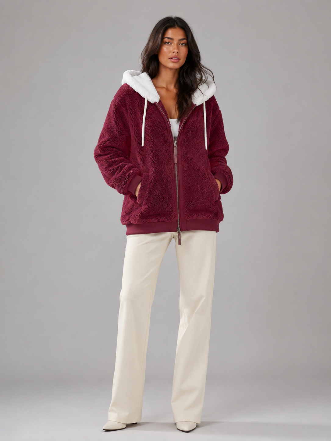 Bluza Sherpa Damska | Ocieplana Bluza z Kapturem | Polar Damski Oversize | Bluza na Zamek | Jesień Zima