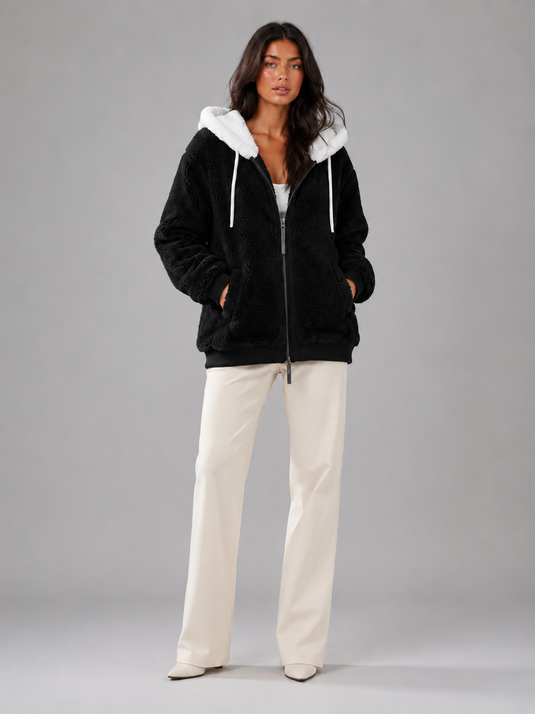 Bluza Sherpa Damska | Ocieplana Bluza z Kapturem | Polar Damski Oversize | Bluza na Zamek | Jesień Zima