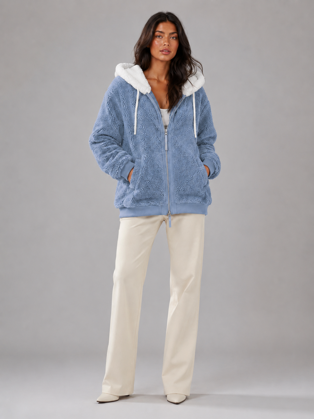 Bluza Sherpa Damska | Ocieplana Bluza z Kapturem | Polar Damski Oversize | Bluza na Zamek | Jesień Zima