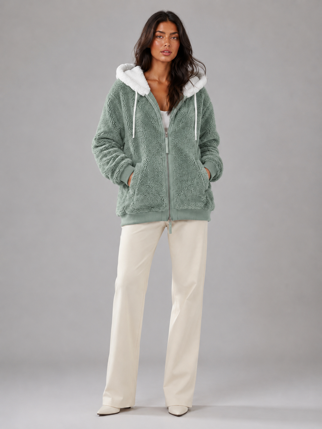 Bluza Sherpa Damska | Ocieplana Bluza z Kapturem | Polar Damski Oversize | Bluza na Zamek | Jesień Zima