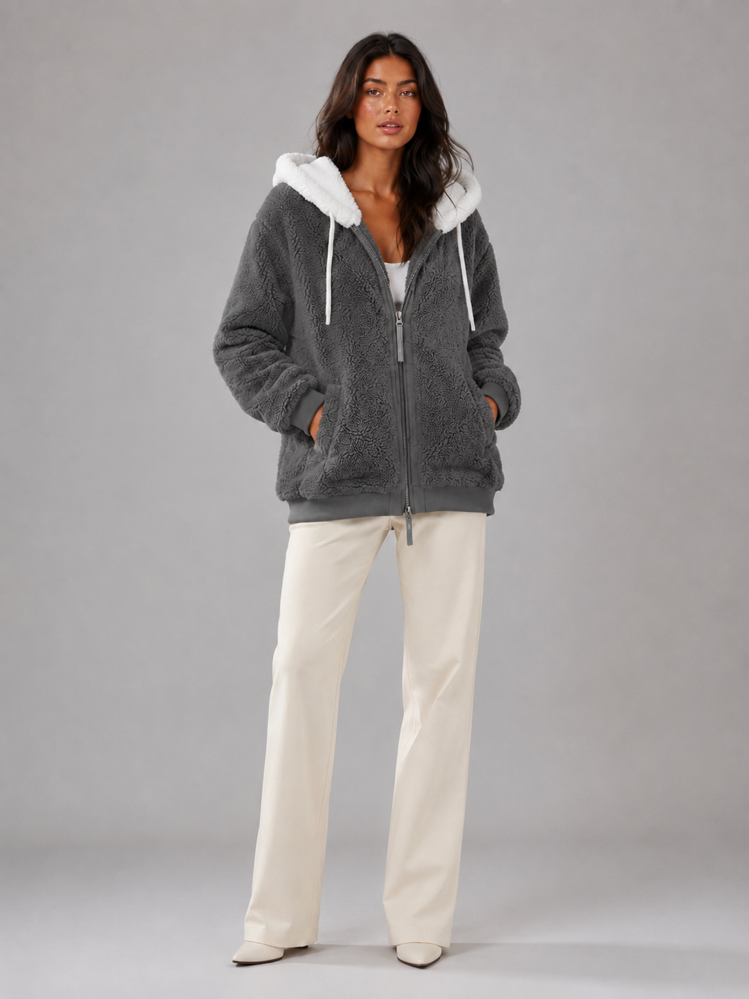 Bluza Sherpa Damska | Ocieplana Bluza z Kapturem | Polar Damski Oversize | Bluza na Zamek | Jesień Zima