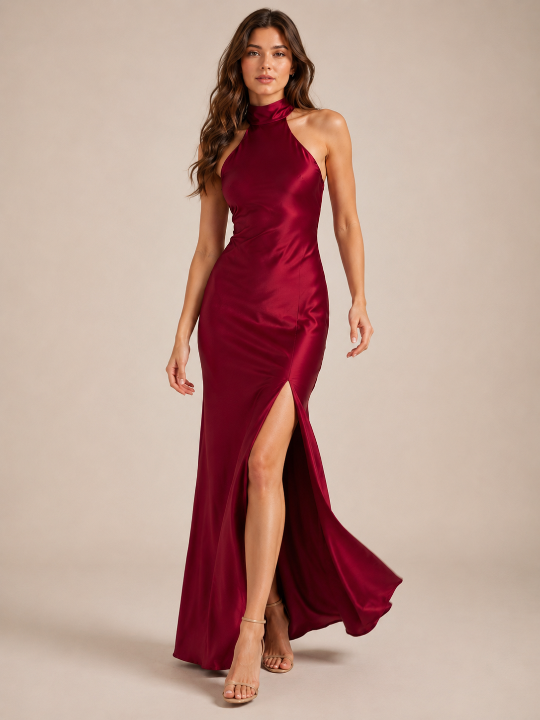Sukienka Maxi Damska | Halter | Odkryte Plecy | Boczne Rozcięcie | Elegancka Sukienka na Wesele