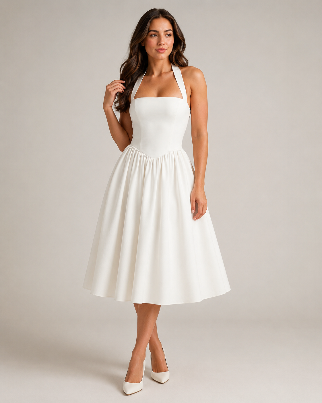 Sukienka Midi Damska | Halter | Rozkloszowana Spódnica | Elegancka Sukienka na Wesele