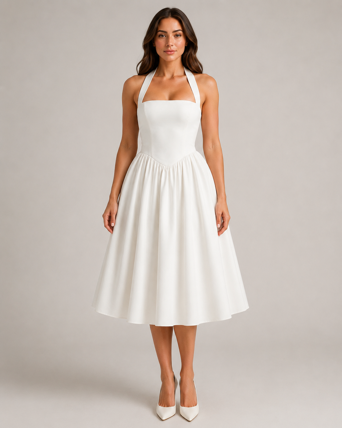 Sukienka Midi Damska | Halter | Rozkloszowana Spódnica | Elegancka Sukienka na Wesele