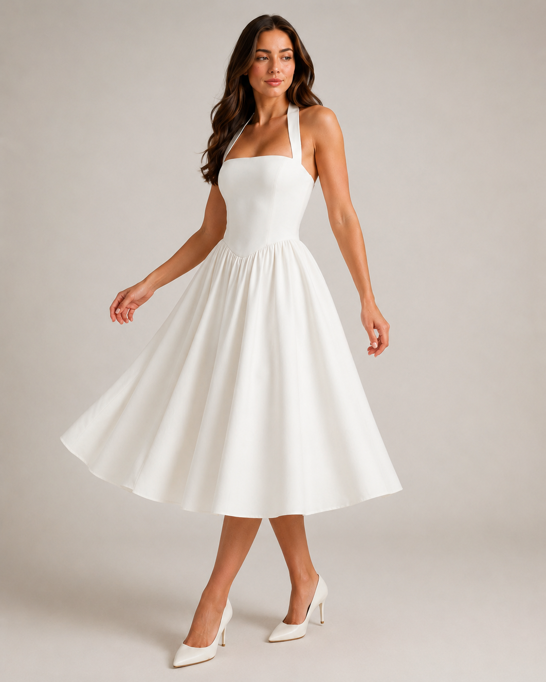 Sukienka Midi Damska | Halter | Rozkloszowana Spódnica | Elegancka Sukienka na Wesele