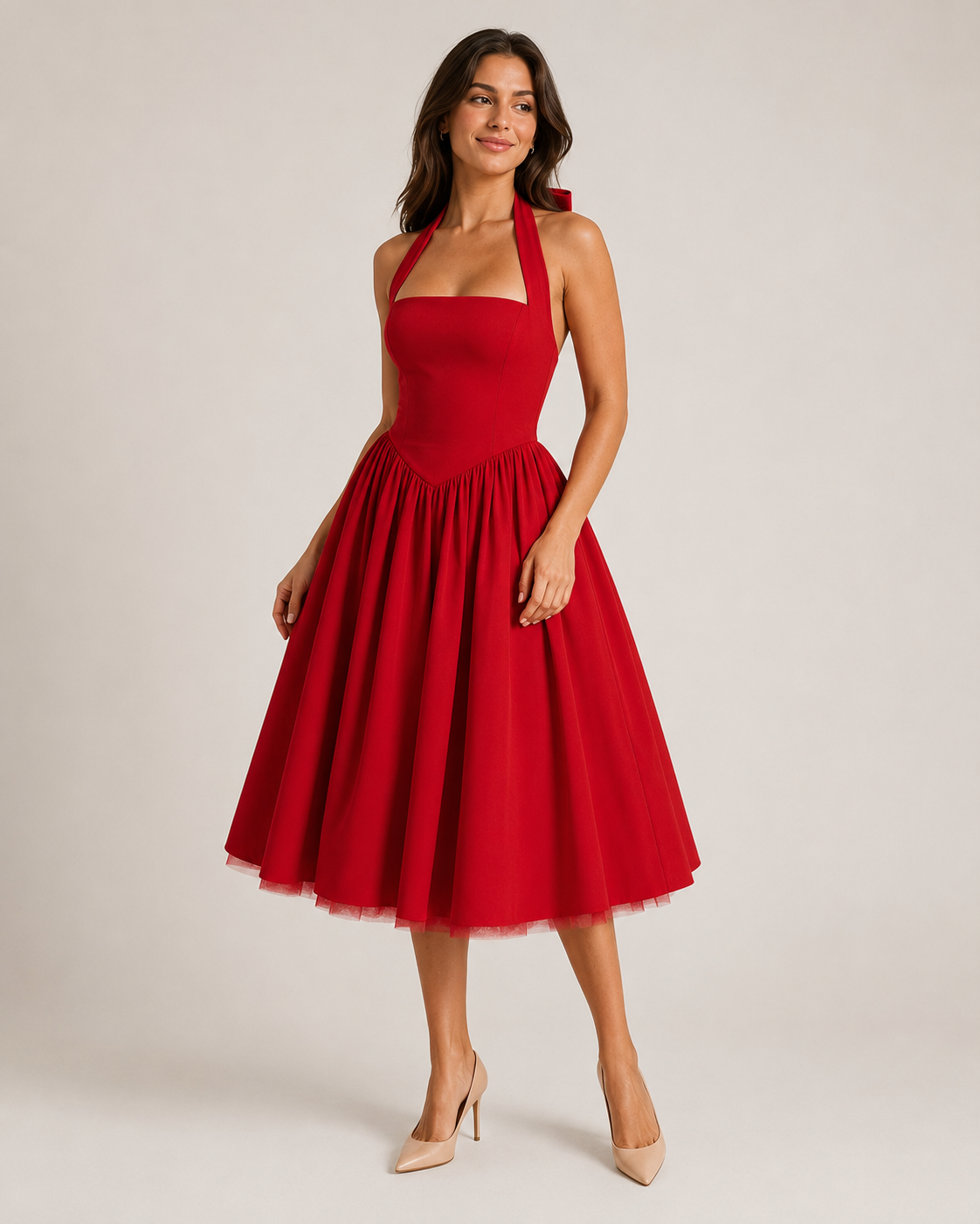Sukienka Midi Damska | Halter | Rozkloszowana Spódnica | Elegancka Sukienka na Wesele