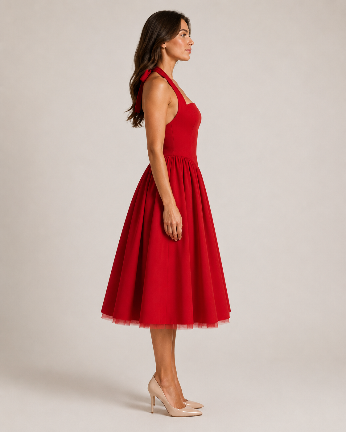 Sukienka Midi Damska | Halter | Rozkloszowana Spódnica | Elegancka Sukienka na Wesele