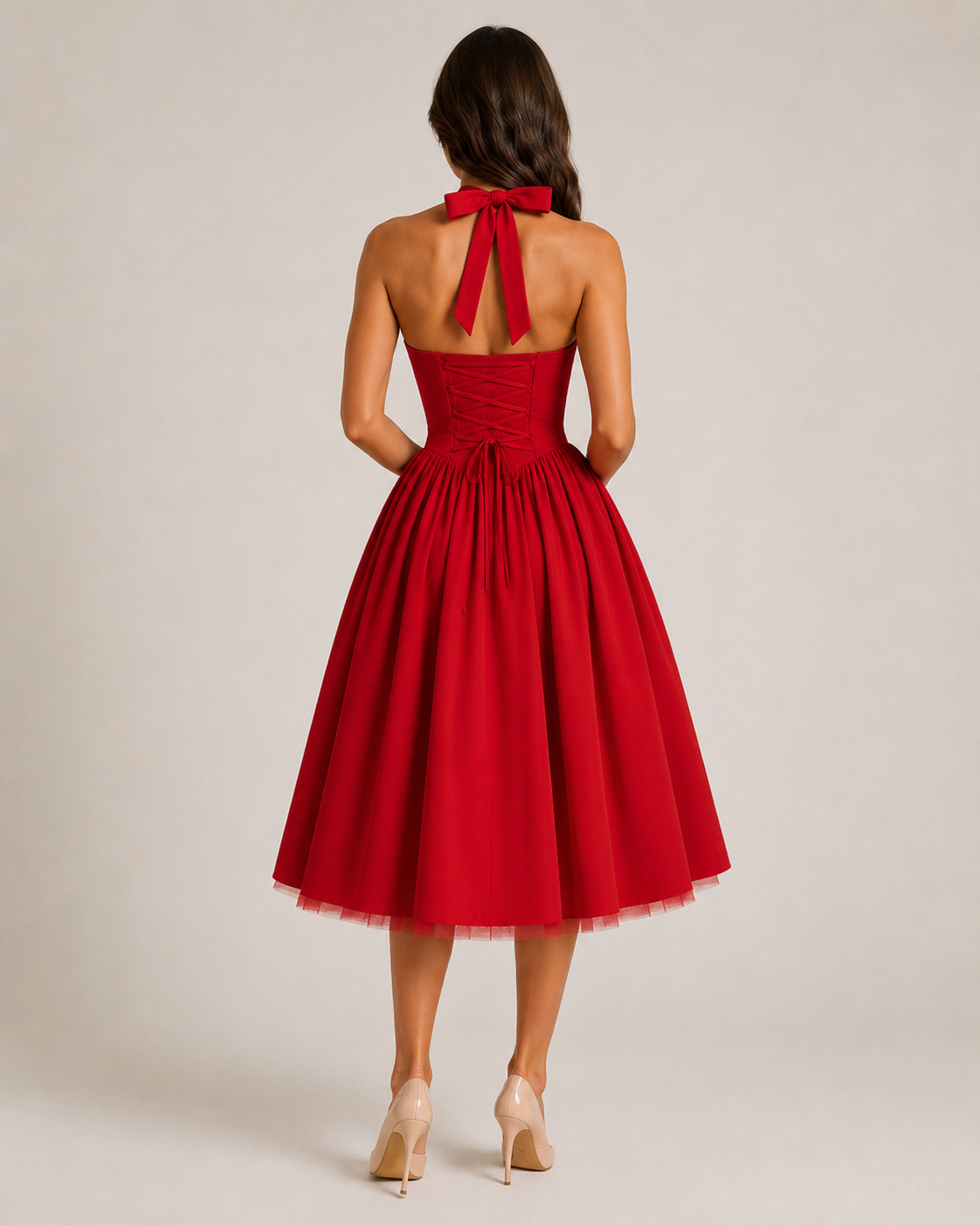Sukienka Midi Damska | Halter | Rozkloszowana Spódnica | Elegancka Sukienka na Wesele