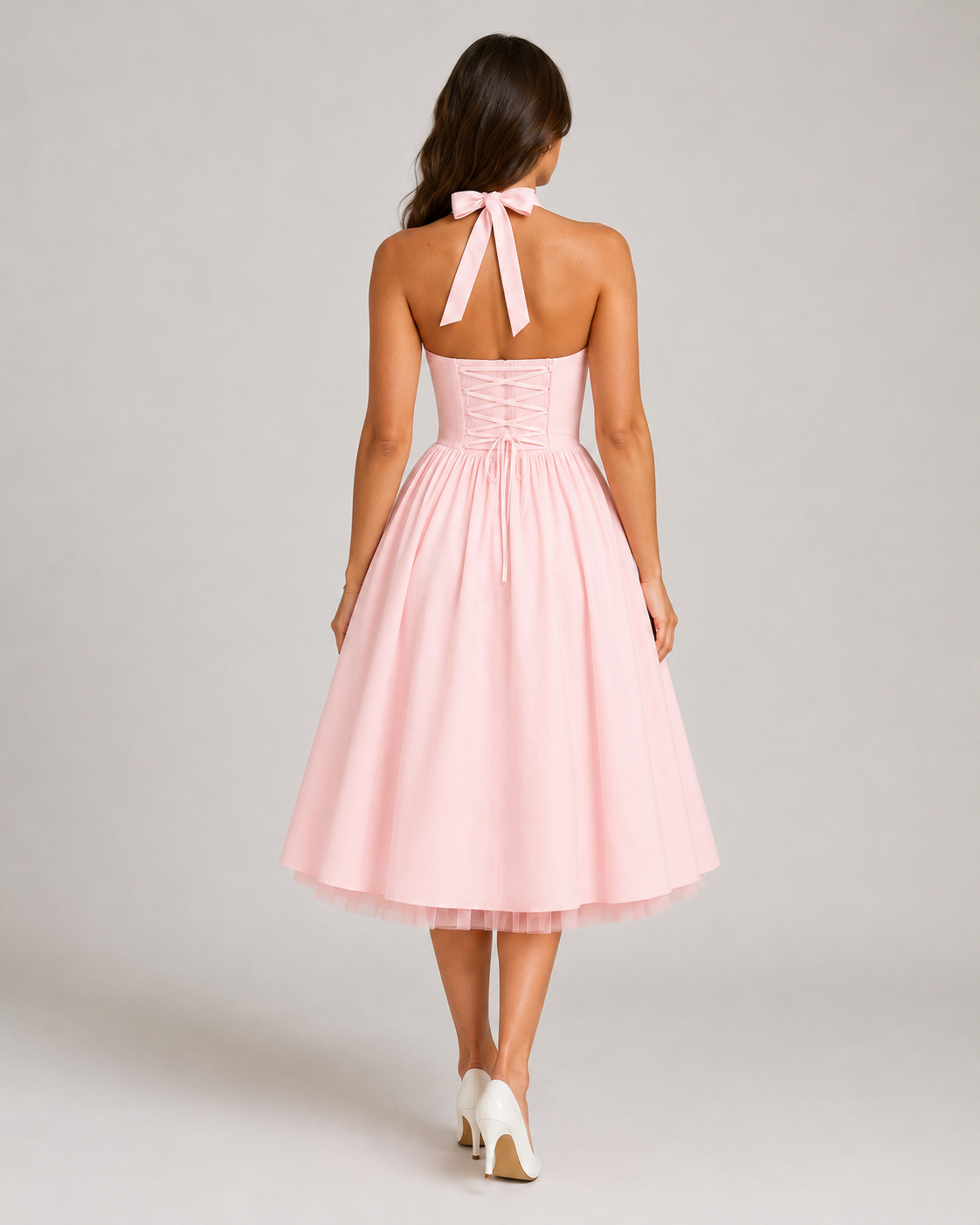 Sukienka Midi Damska | Halter | Rozkloszowana Spódnica | Elegancka Sukienka na Wesele