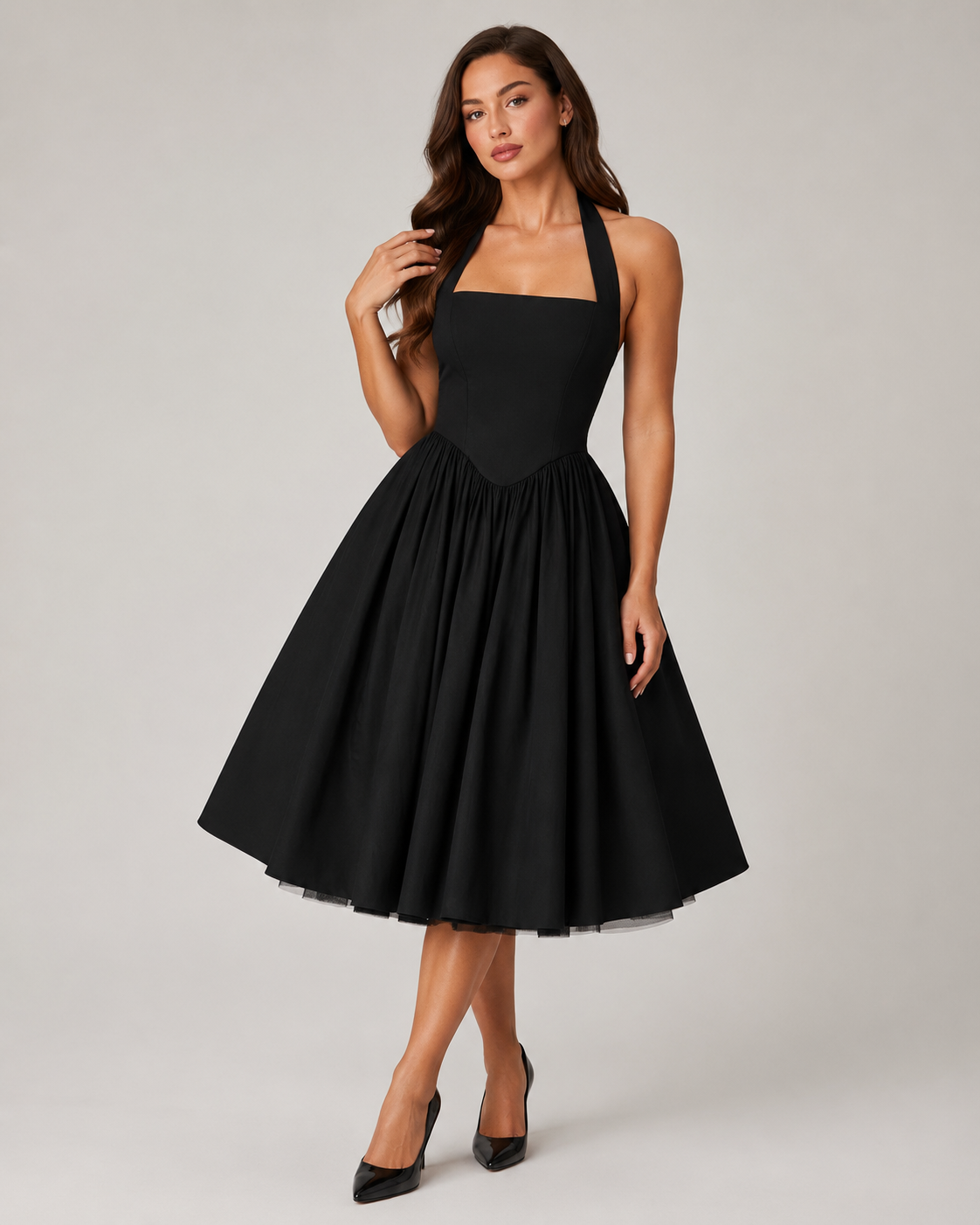 Sukienka Midi Damska | Halter | Rozkloszowana Spódnica | Elegancka Sukienka na Wesele