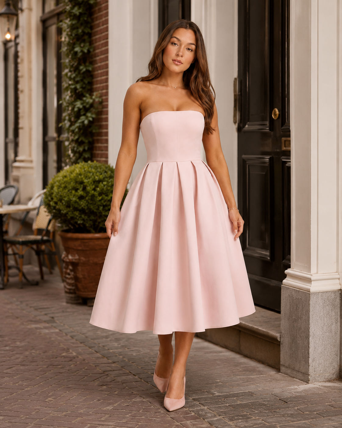 Sukienka Midi Damska | Bez Ramiączek | Rozkloszowana Spódnica | Elegancka Sukienka na Wesele