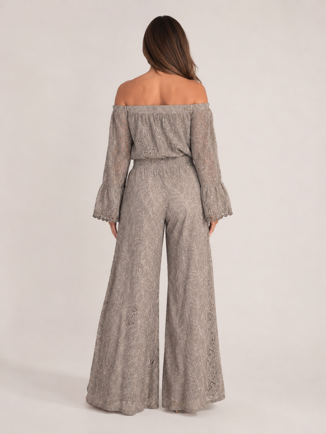 Kombinezon Damski Koronkowy | Off-Shoulder | Szerokie Nogawki Palazzo | Długie Rękawy | Elegancki Kombinezon