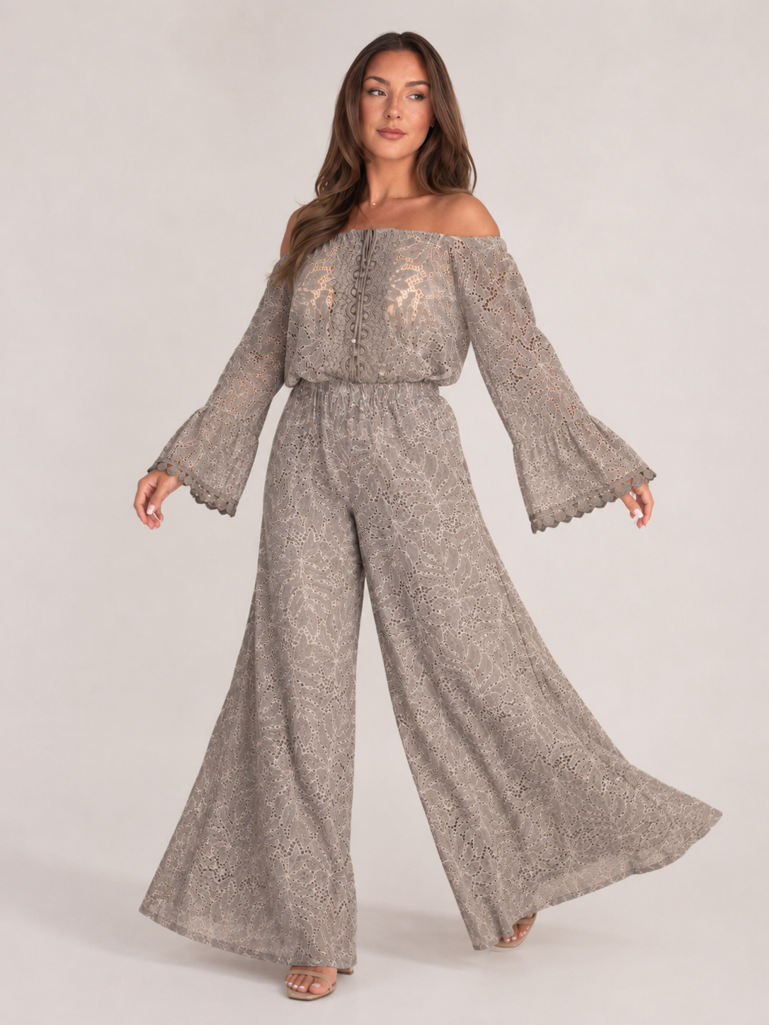 Kombinezon Damski Koronkowy | Off-Shoulder | Szerokie Nogawki Palazzo | Długie Rękawy | Elegancki Kombinezon