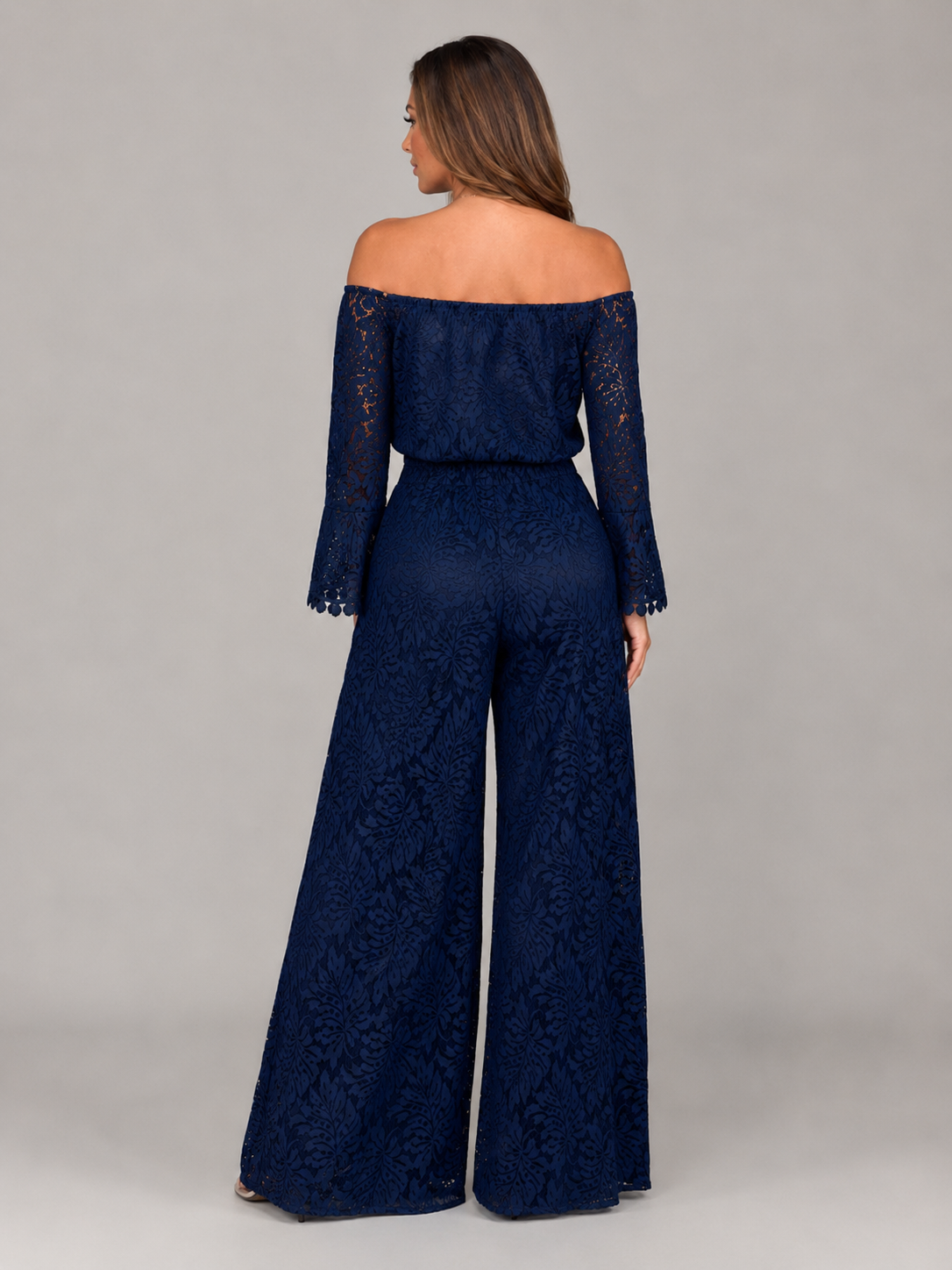 Kombinezon Damski Koronkowy | Off-Shoulder | Szerokie Nogawki Palazzo | Długie Rękawy | Elegancki Kombinezon