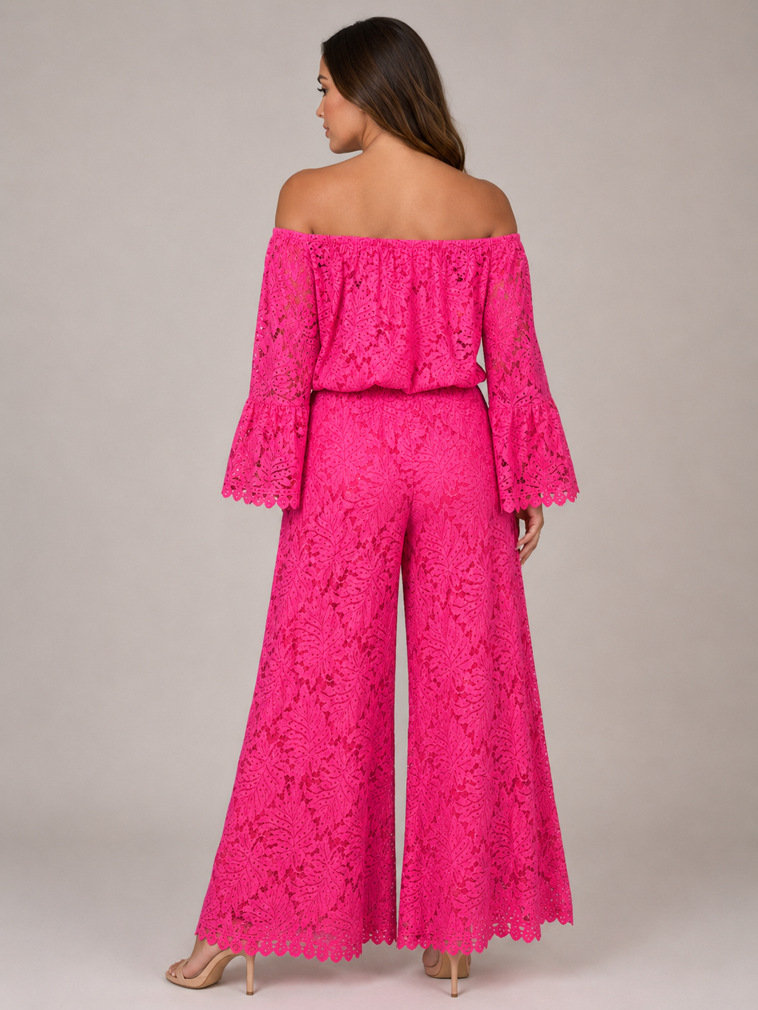 Kombinezon Damski Koronkowy | Off-Shoulder | Szerokie Nogawki Palazzo | Długie Rękawy | Elegancki Kombinezon