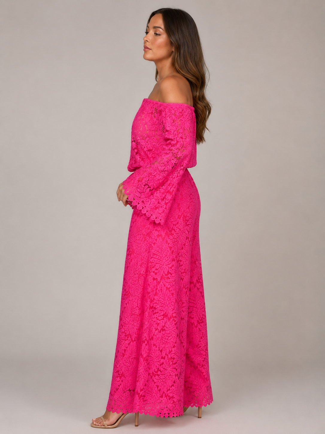 Kombinezon Damski Koronkowy | Off-Shoulder | Szerokie Nogawki Palazzo | Długie Rękawy | Elegancki Kombinezon
