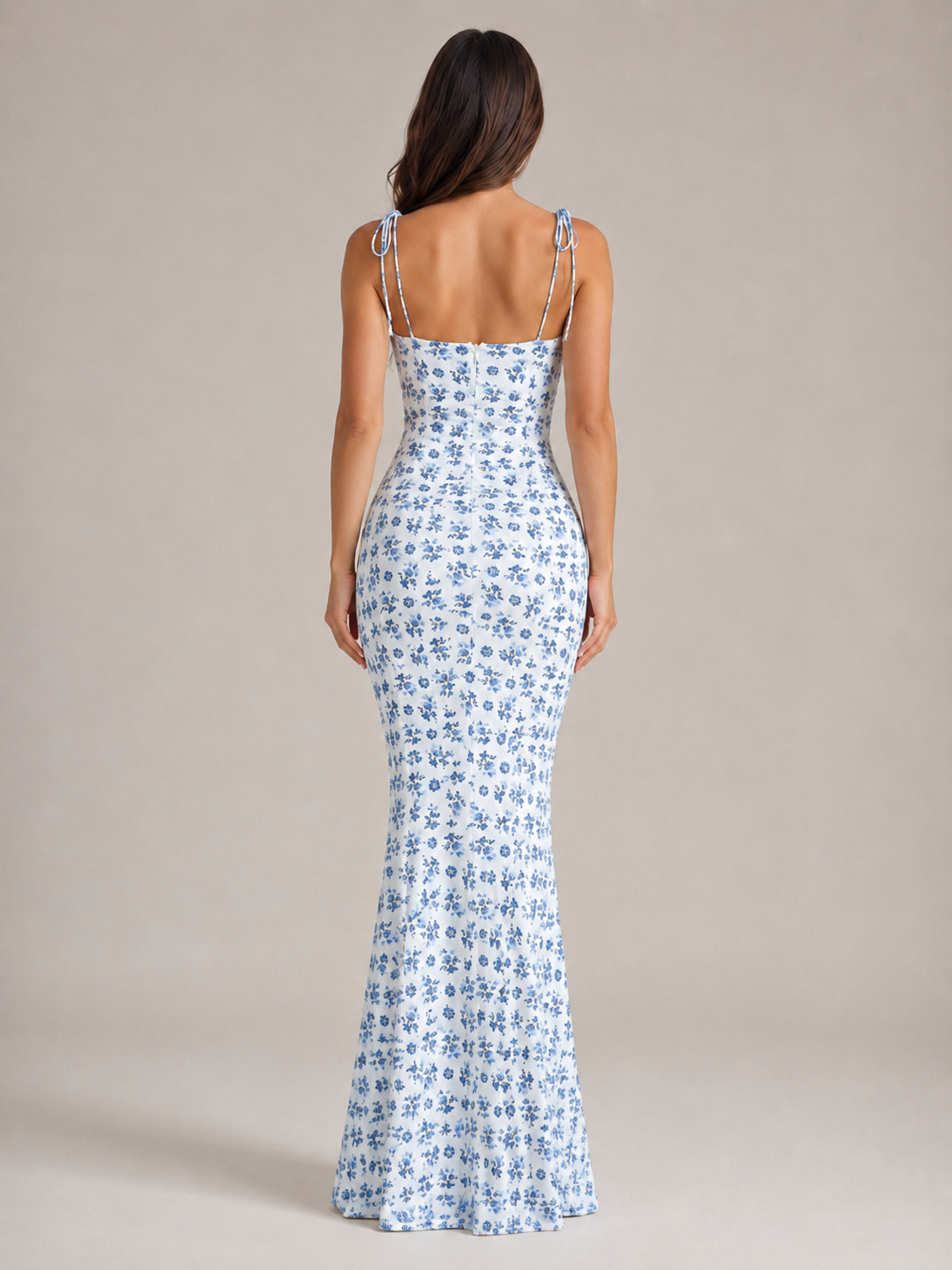 Niebieska Sukienka Maxi w Kwiaty | Sukienka Damska | Detale Kokardy | Elegancka Sukienka Letnia