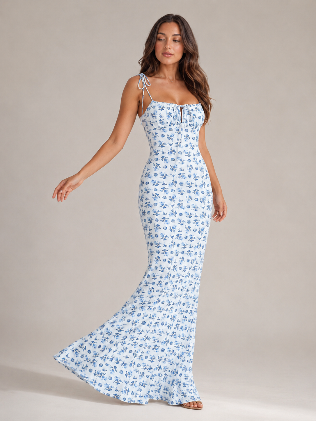 Niebieska Sukienka Maxi w Kwiaty | Sukienka Damska | Detale Kokardy | Elegancka Sukienka Letnia